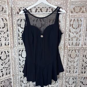 VTG Black Ruffle Peplum Swimsuit Mesh Collar 90s One Piece Gold Button Pin Up 24